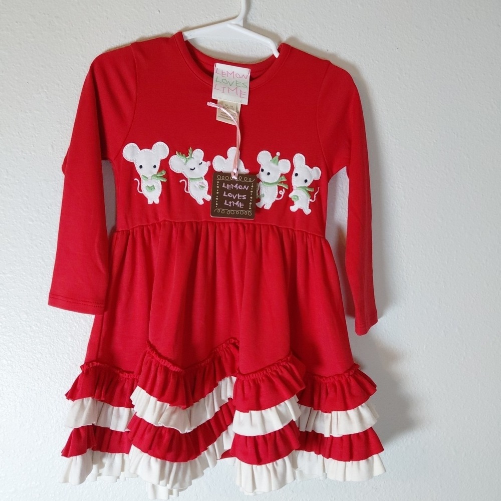 Lemon Loves Lime 18 24 Months  Christmas Red Ruffled  Dress Applique Little Mice
